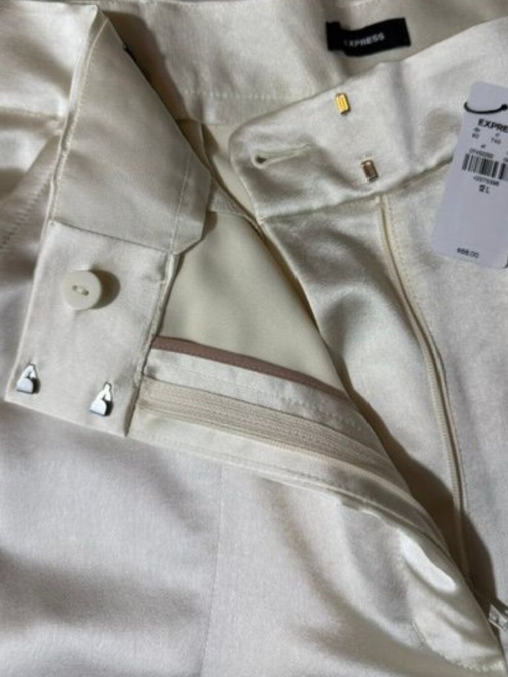Express Ivory Satin Super High Rise Adjustable Buckle Hem Cargo Pant Sz 12 Long - Picture 12 of 16
